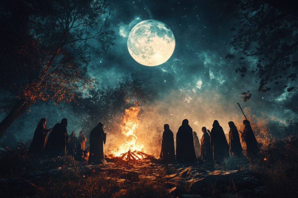 The full moon overlooking a crowd of hooded figures surrounding a bonfire.